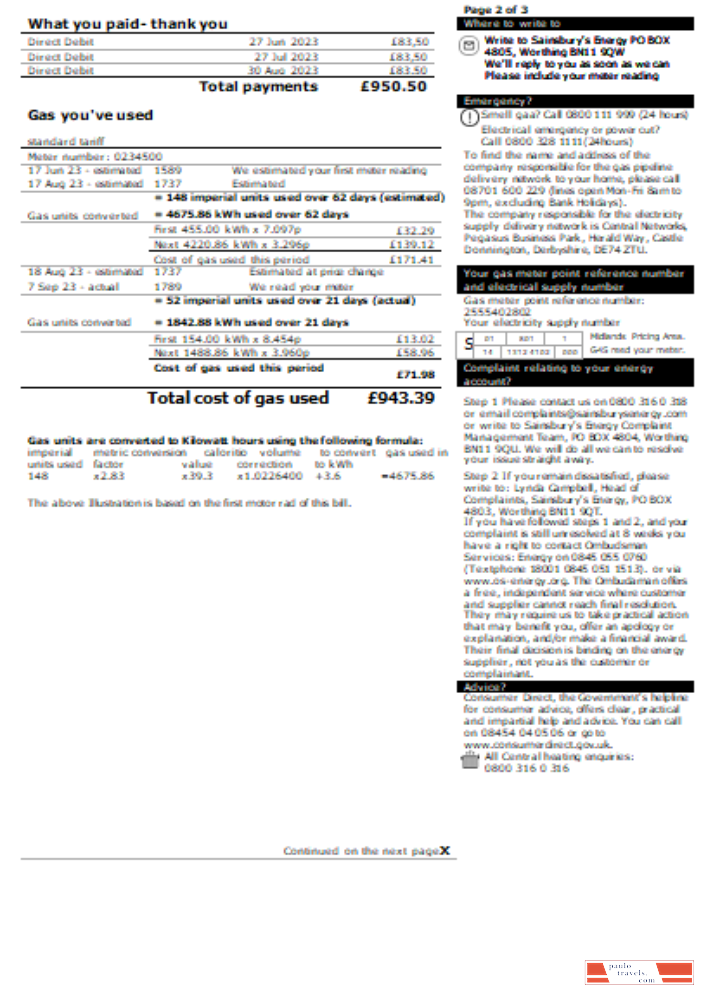 Sainsbury  Energy (British Gas) business utility bill, page 2. SCR PSD template
